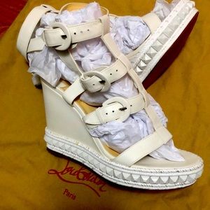 Christian louboutin white leather spiked wedge